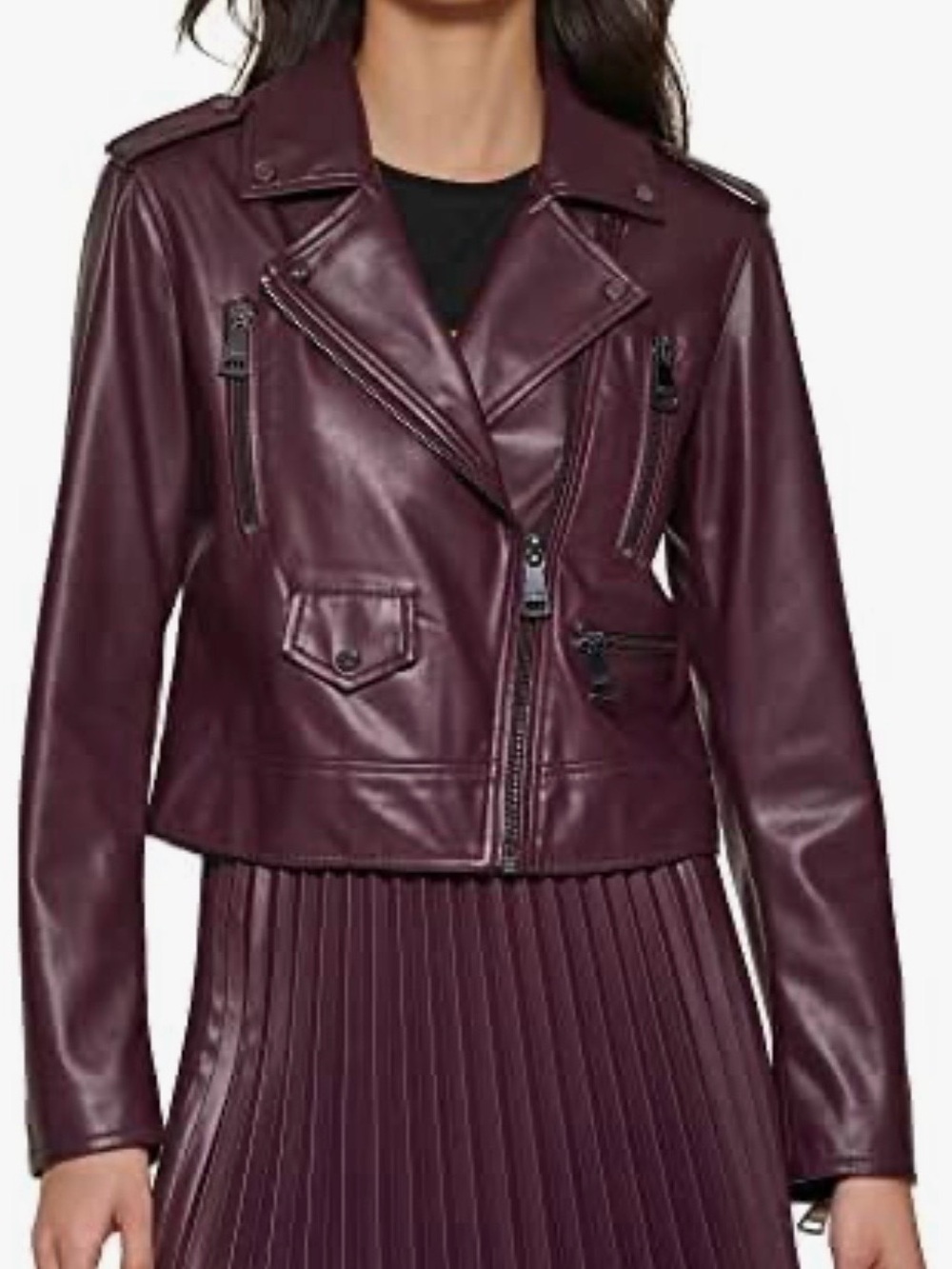 DKNY Women’s Plum Faux Leather Moto Jacket - Elegant Plum